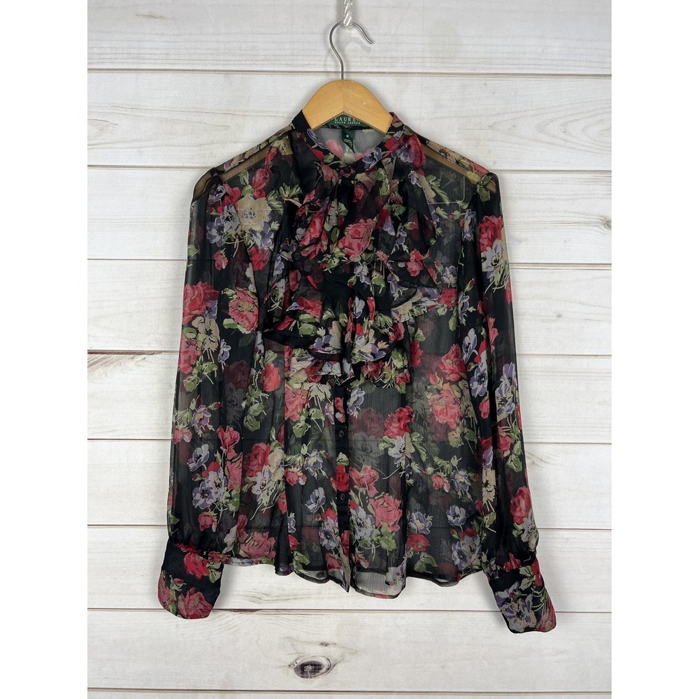 Lauren Ralph Lauren Blouse Skirt Set Womens Medium Floral Sheer Ruffle Whimiscal - Picture 2 of 13